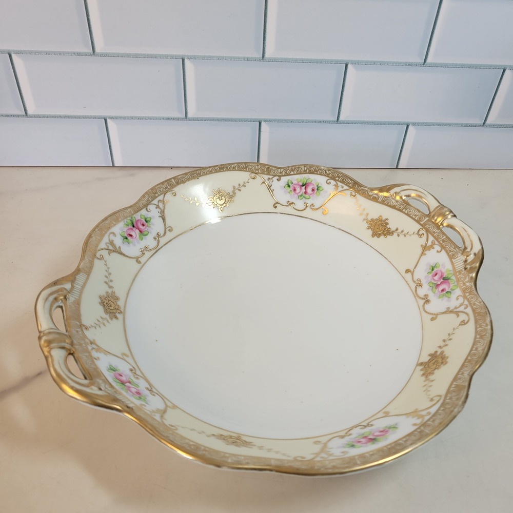 Nippon Hand Painted Porcelain Bowl Gold Moriage Floral Rose Gilded Handles 7"